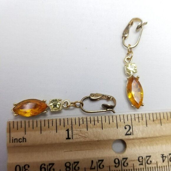 Vintage Orange Marquise Shape Rhinestone Dangle Clip On Earrings, Estate - Picture 4 of 6